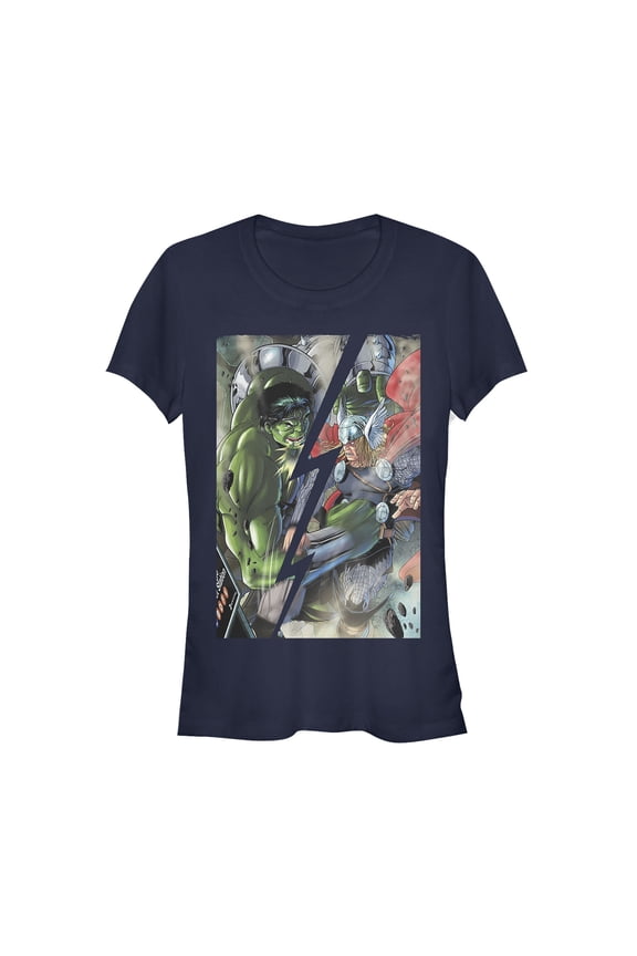 Junior's Marvel Hulk Battles Thor  Graphic Tee Navy Blue Small