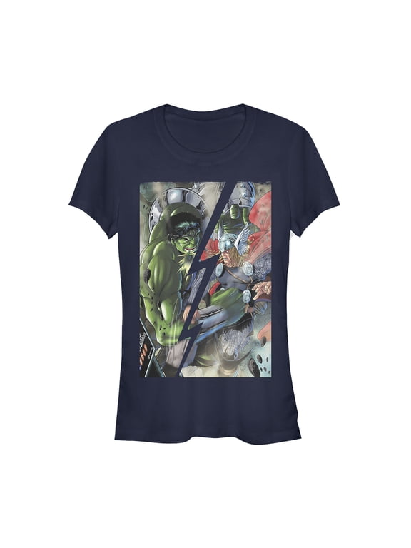 Junior's Marvel Hulk Battles Thor Graphic Tee Navy Blue Small
