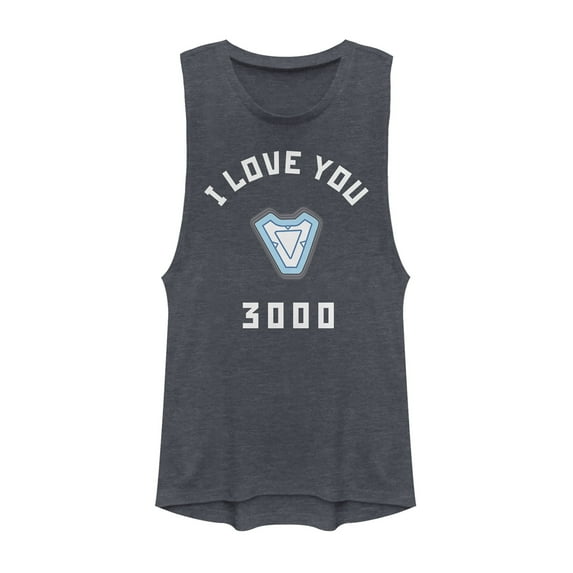 Junior's Marvel I Love You 3000 Iron Man Reactor Festival Muscle Graphic Tee Denim Blue Heather Small