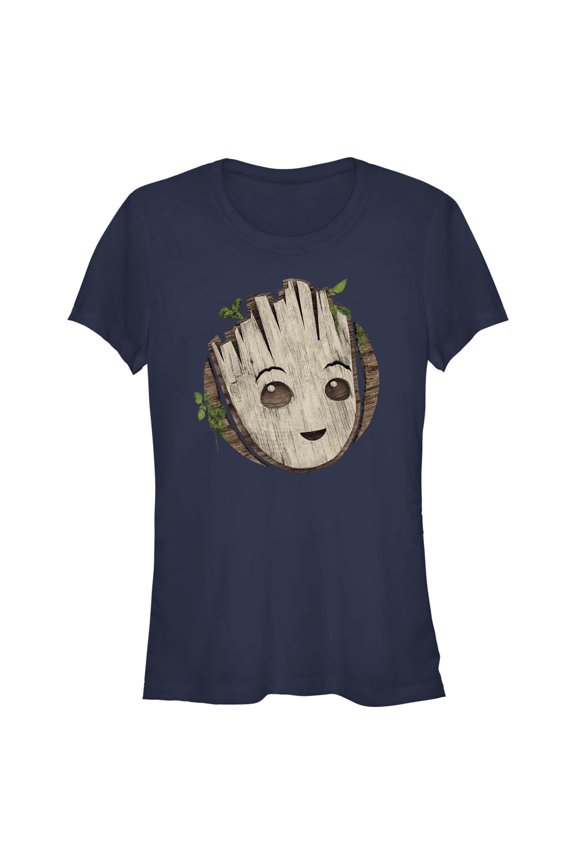 Junior's Marvel: I am Groot Cute Smiling Groot Face Graphic Tee Navy Blue Large