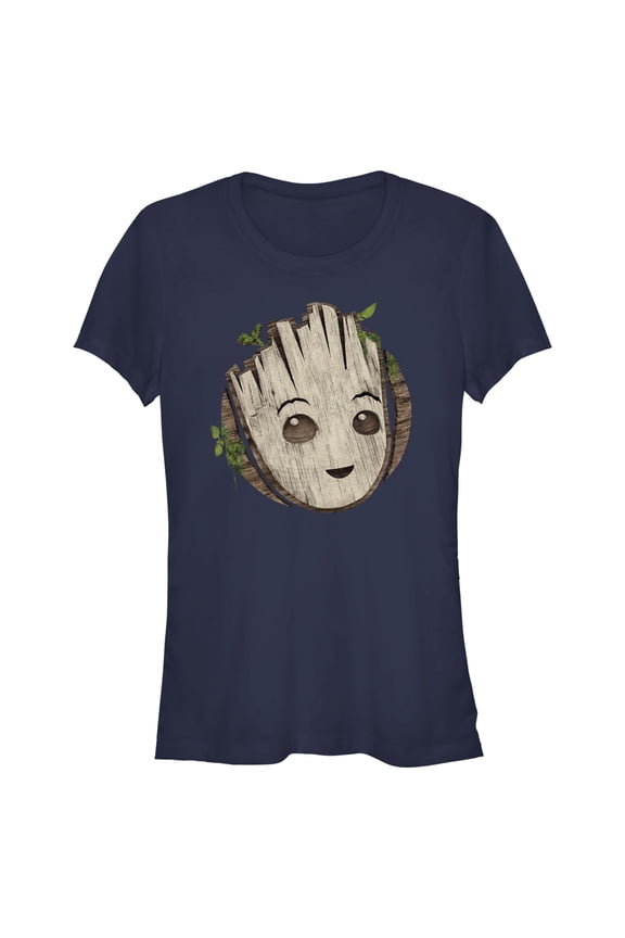 Junior's Marvel: I am Groot Cute Smiling Groot Face Graphic Tee Navy Blue Small