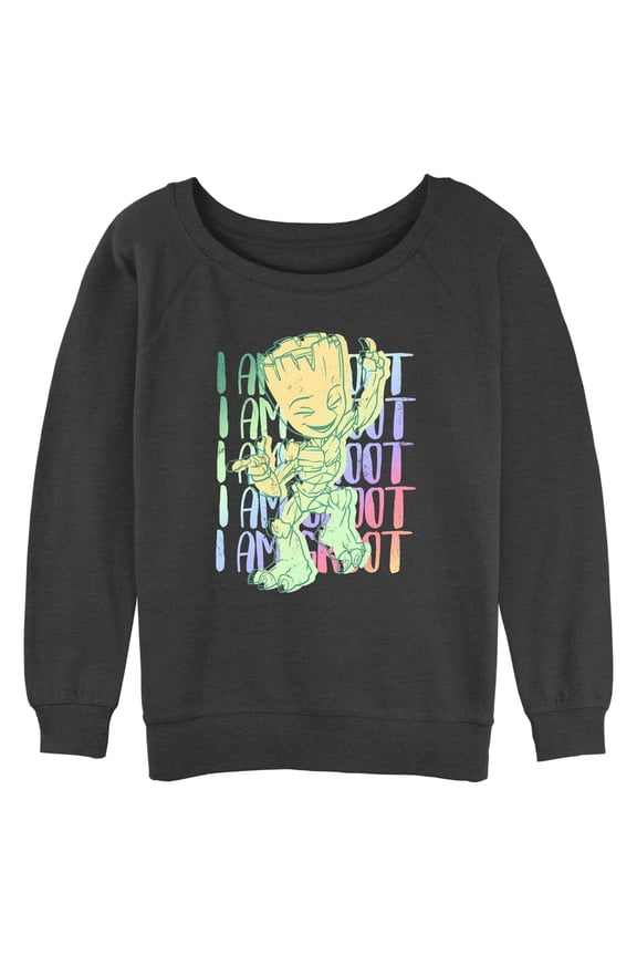 Junior's Marvel: I am Groot Rainbow Quote Dance Sweatshirt Charcoal Heather X Large