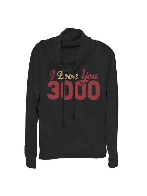 Junior's Marvel Iron Man Love 3000 Script Cowl Neck Sweatshirt Black 3X Large