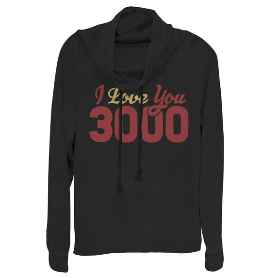 Junior's Marvel Iron Man Love 3000 Script Cowl Neck Sweatshirt Black Large