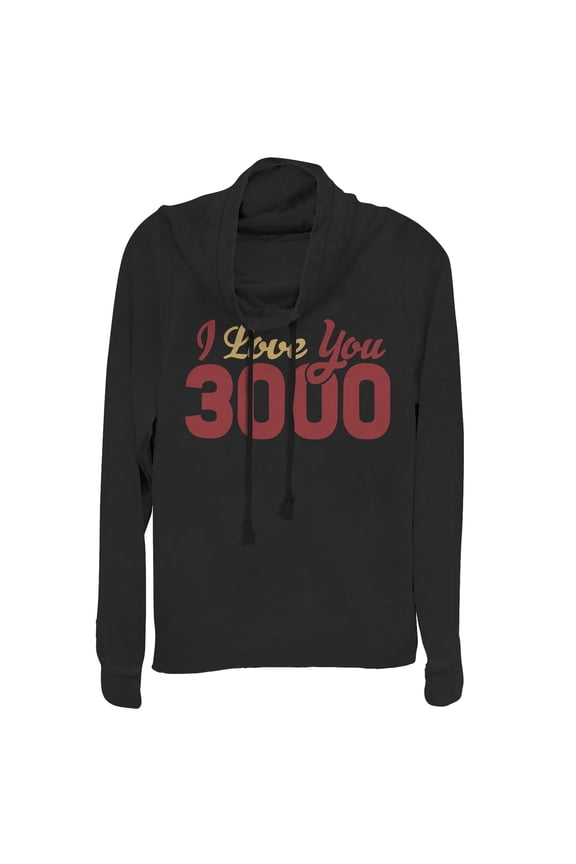 Junior's Marvel Iron Man Love 3000 Script Cowl Neck Sweatshirt Black Large