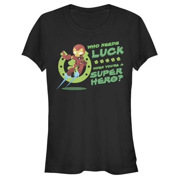 Junior's Marvel Iron Man St. Patrick's Day Who Needs Luck Superhero Graphic Tee Black Small