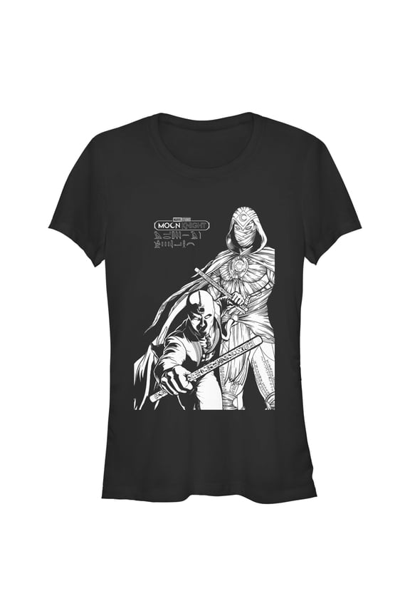 Junior's Marvel: Moon Knight Duo Portrait Sketch Graphic Tee Black X Large