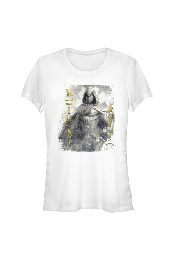 Junior's Marvel: Moon Knight Golden Hieroglyphs Portrait Sketch Graphic Tee White Large
