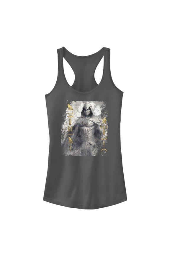 Junior's Marvel: Moon Knight Golden Hieroglyphs Portrait Sketch Racerback Tank Top Charcoal 2X Large