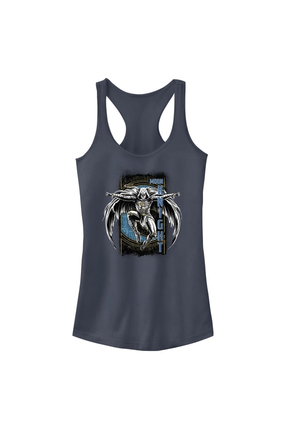 Junior's Marvel: Moon Knight Jumping Into Action From Above Racerback Tank Top Indigo Large