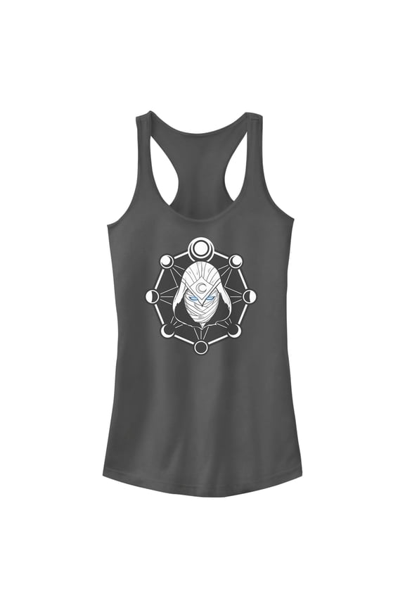 Junior's Marvel: Moon Knight Mask and Moon Phases Racerback Tank Top Charcoal 2X Large