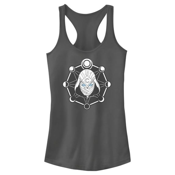 Junior's Marvel: Moon Knight Mask and Moon Phases Racerback Tank Top Charcoal 2X Large