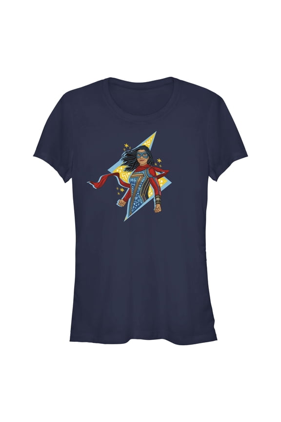 Junior's Marvel: Ms. Marvel Lightning Symbol  Doodle  Graphic Tee Navy Blue Medium