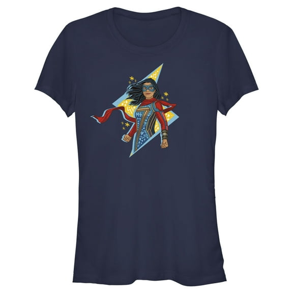 Junior's Marvel: Ms. Marvel Lightning Symbol  Doodle  Graphic Tee Navy Blue X Large