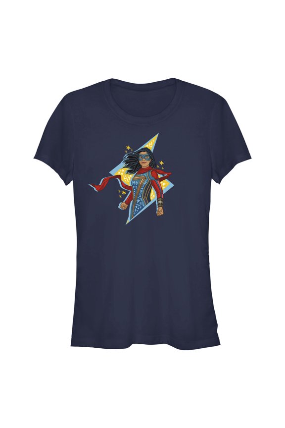 Junior's Marvel: Ms. Marvel Lightning Symbol Doodle Graphic Tee Navy Blue X Large