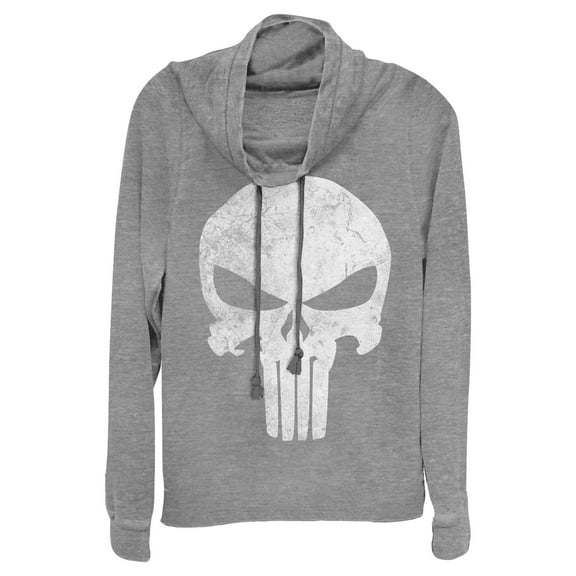 Junior's Marvel Punisher Retro Skull Symbol Cowl Neck Sweatshirt Gray Heather Large
