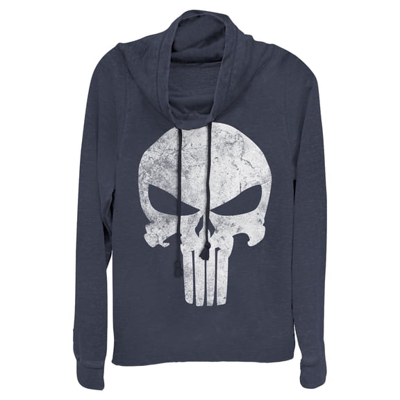 Junior's Marvel Punisher Retro Skull Symbol Cowl Neck Sweatshirt Navy Blue 4X Large