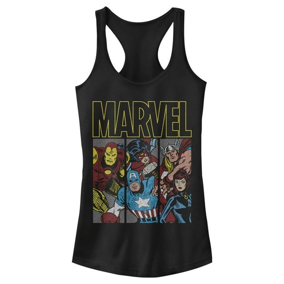 Junior's Marvel Retro Avenger Panels Racerback Tank Top Black Large