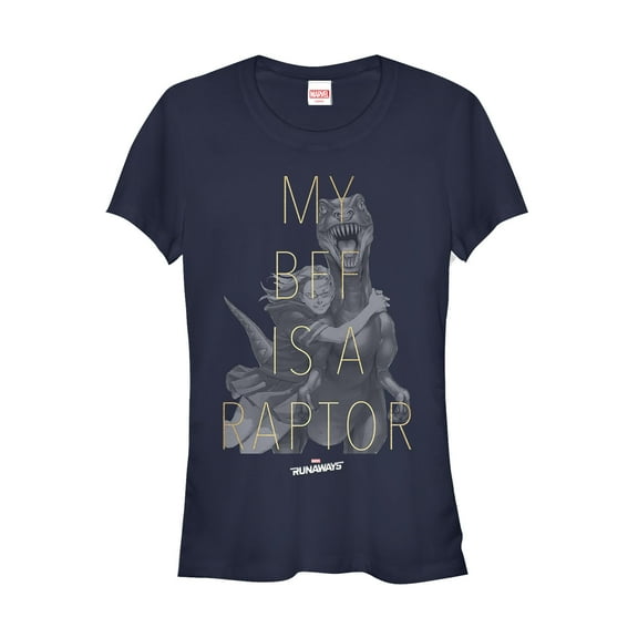 Junior's Marvel Runaways BFF Raptor Old Lace Graphic Tee Navy Blue Medium
