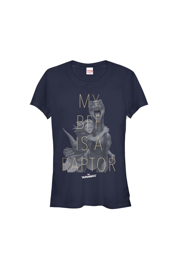 Junior's Marvel Runaways BFF Raptor Old Lace  Graphic Tee Navy Blue Small