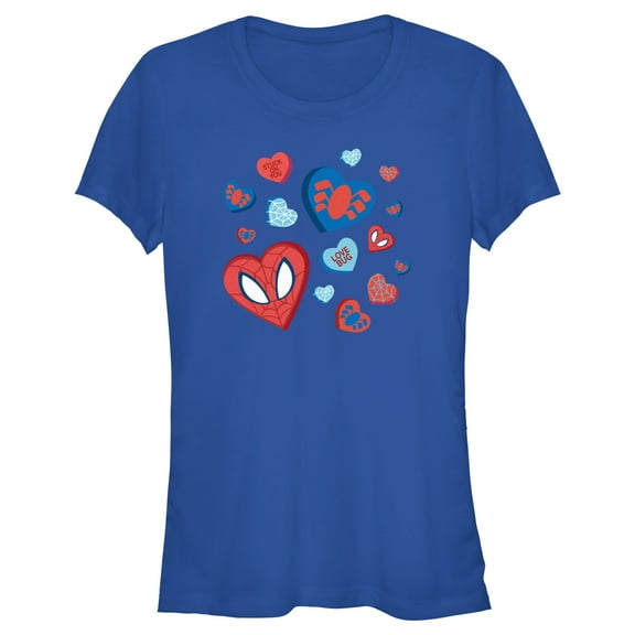 Junior's Marvel Spider-Man Candy Hearts  Graphic Tee Royal Blue Small