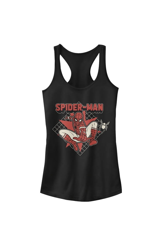 Junior's Marvel Spider-Man: Far From Home Cartoon Grid Racerback Tank Top Black Large