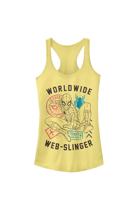 Junior's Marvel Spider-Man: Far From Home Worldwide Icons Racerback Tank Top Banana Medium