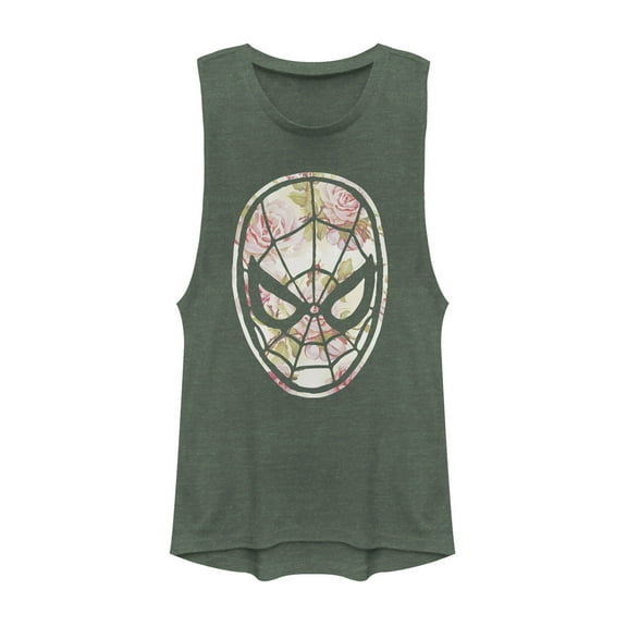 Junior's Marvel Spider-Man Floral Print  Festival Muscle Graphic Tee Pine Green Heather Large