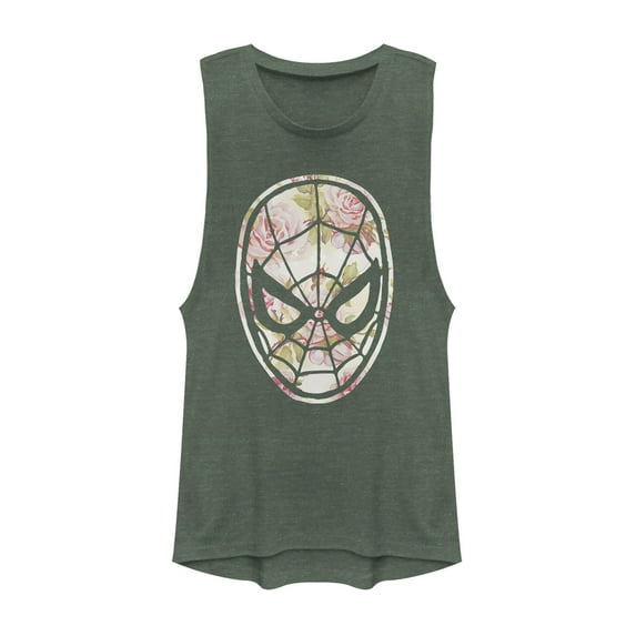 Junior's Marvel Spider-Man Floral Print Festival Muscle Graphic Tee Pine Green Heather X Large