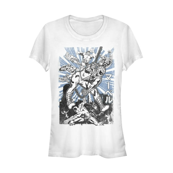 Junior's Marvel Spider-Man Kanji Scene  Graphic Tee White X Large