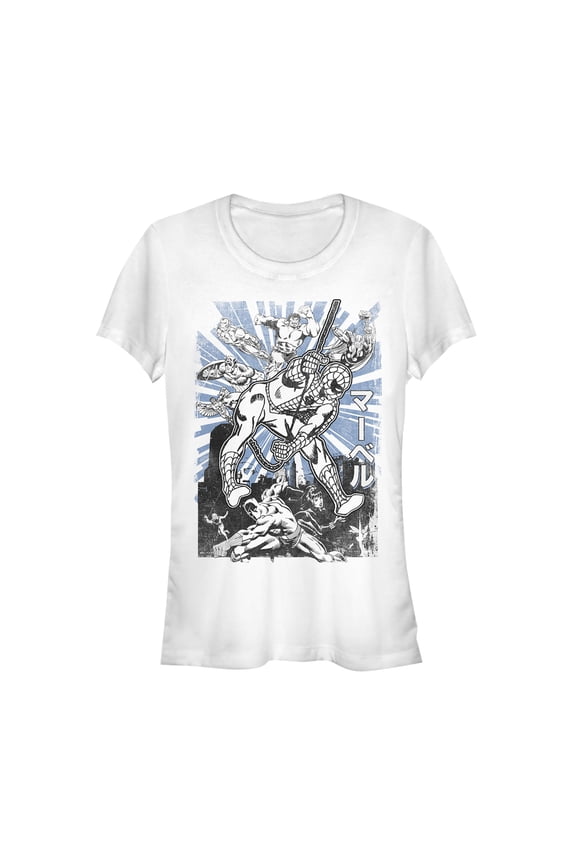 Junior's Marvel Spider-Man Kanji Scene Graphic Tee White X Large