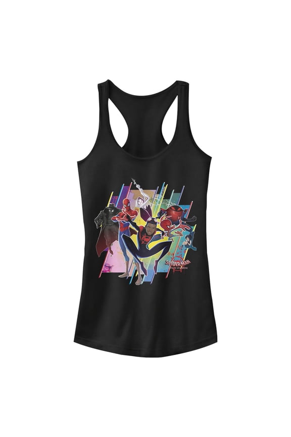 Junior's Marvel Spider-Man Spiderverse Rainbow Panels Racerback Tank Top Black Small