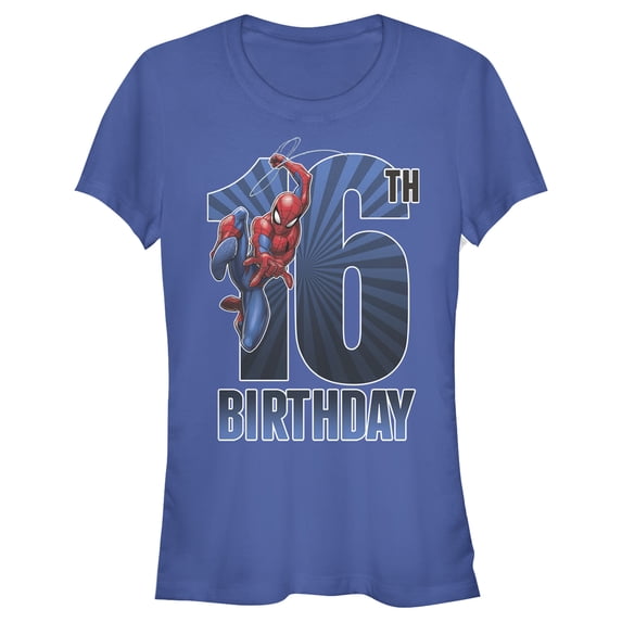 Junior's Marvel Spider-Man Swinging 16th Birthday Graphic Tee Royal Blue Large