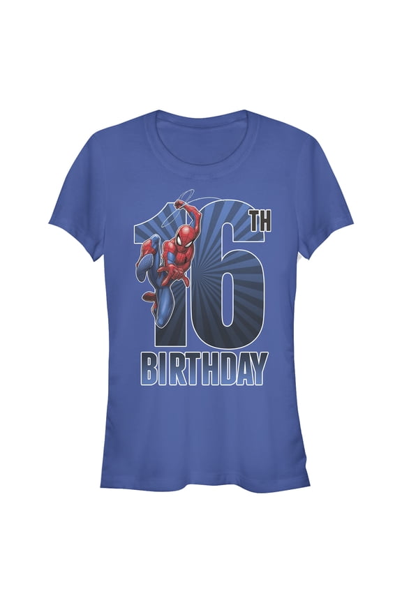Junior's Marvel Spider-Man Swinging 16th Birthday  Graphic Tee Royal Blue Medium
