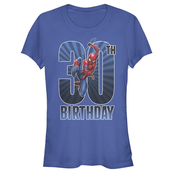 Junior's Marvel Spider-Man Swinging 30th Birthday Graphic Tee Royal Blue Medium