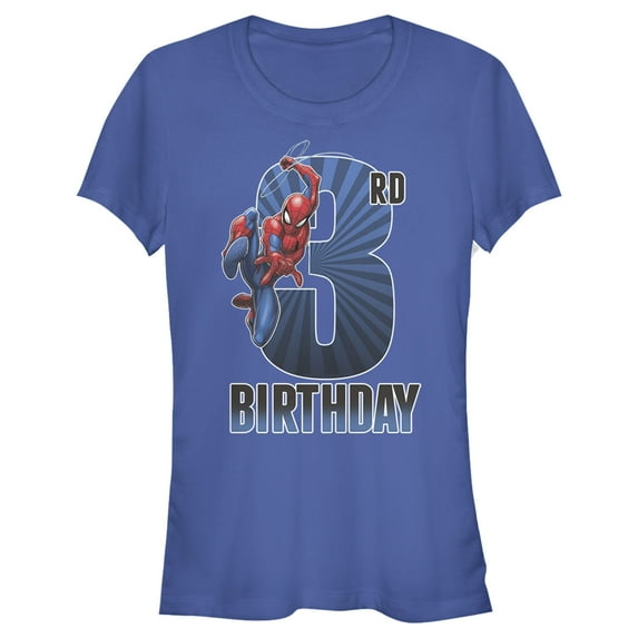 Junior's Marvel Spider-Man Swinging 3rd Birthday Graphic Tee Royal Blue Large