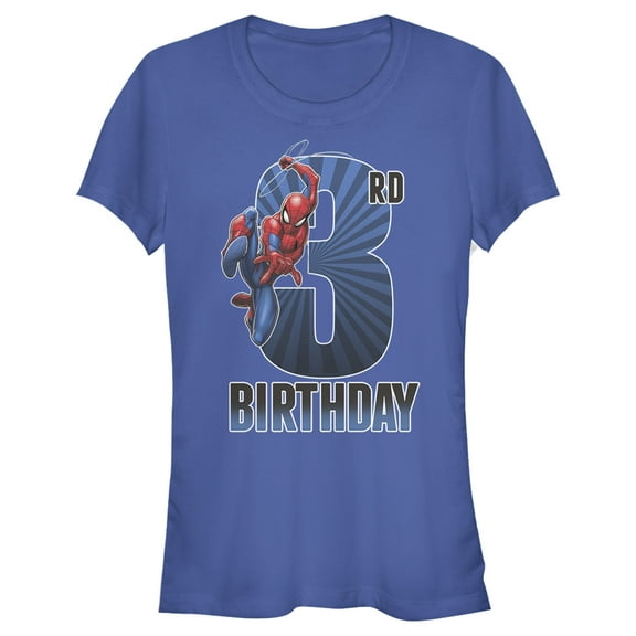 Junior's Marvel Spider-Man Swinging 3rd Birthday  Graphic Tee Royal Blue X Large