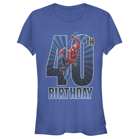 Junior's Marvel Spider-Man Swinging 40th Birthday Graphic Tee Royal Blue X Large