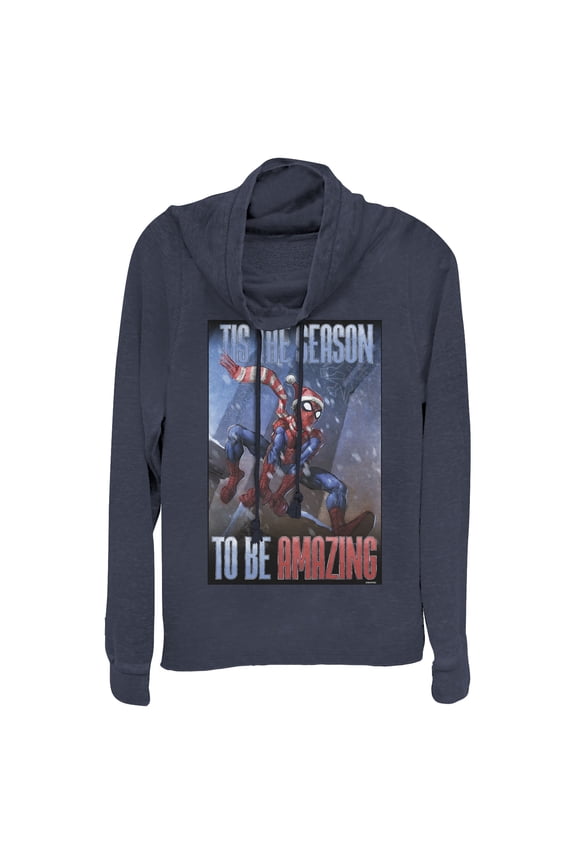 Junior's Marvel Spider-Man 'Tis The Season To Be Amazing Cowl Neck Sweatshirt Navy Blue Large
