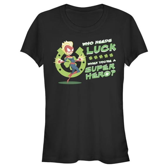 Junior's Marvel St. Patrick's Day Captain Marvel Who Needs Luck Graphic Tee Black Large