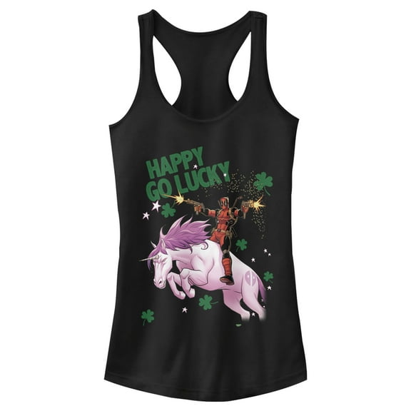 Junior's Marvel St. Patrick's Day Deadpool Happy Go Lucky Racerback Tank Top Black Medium