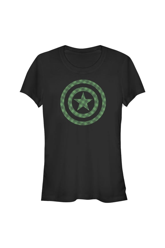 Junior's Marvel St. Patrick's Day Green Plaid Captain America Shield Graphic Tee Black Medium
