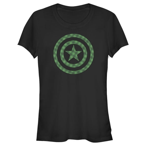 Junior's Marvel St. Patrick's Day Green Plaid Captain America Shield  Graphic Tee Black Small