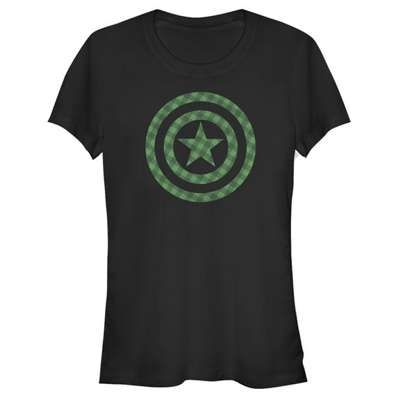 Junior's Marvel St. Patrick's Day Green Plaid Captain America Shield Graphic Tee Black X Large