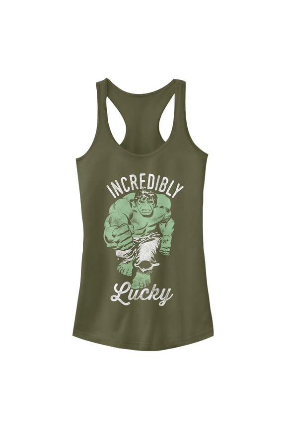 Junior's Marvel St. Patrick's Day Hulk Incredibly Lucky Racerback Tank Top Military Green X Small