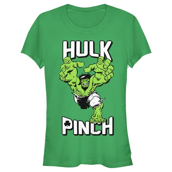 Junior's Marvel St. Patrick's Day Pinching Hulk  Graphic Tee Kelly Green Medium
