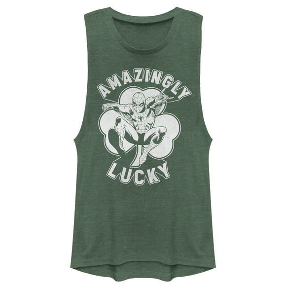 Junior's Marvel St. Patrick's Day Spider-Man Lucky Clover  Festival Muscle Graphic Tee Pine Green Heather X Large