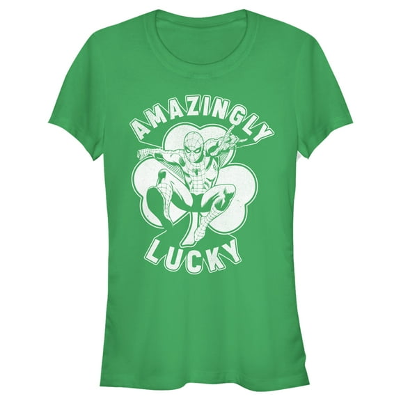 Junior's Marvel St. Patrick's Day Spider-Man Lucky Clover Graphic Tee Kelly Green Medium