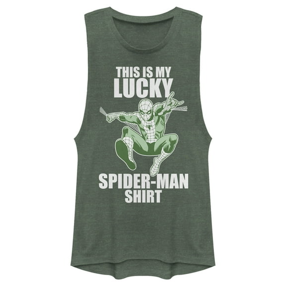 Junior's Marvel St. Patrick's Day Spider-Man Lucky Festival Muscle Graphic Tee Pine Green Heather X Small