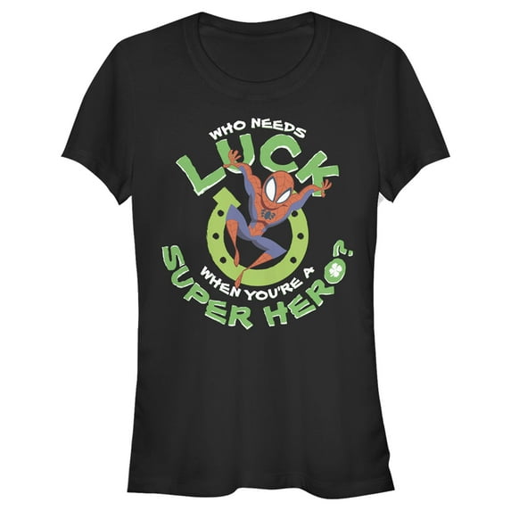 Junior's Marvel St. Patrick's Day Spider-Man Who Needs Luck Graphic Tee Black X Large